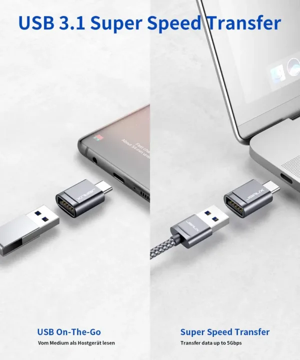 Two grey JSAUX USB-C to USB 3.0 OTG adapters plugged side-by-side into a MacBook Pro, demonstrating the offset design that allows simultaneous use with fast 5Gbps data transfer.