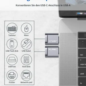 Two grey JSAUX USB-C to USB 3.0 OTG adapters plugged side-by-side into a MacBook Pro, demonstrating the offset design that allows simultaneous use with fast 5Gbps data transfer.