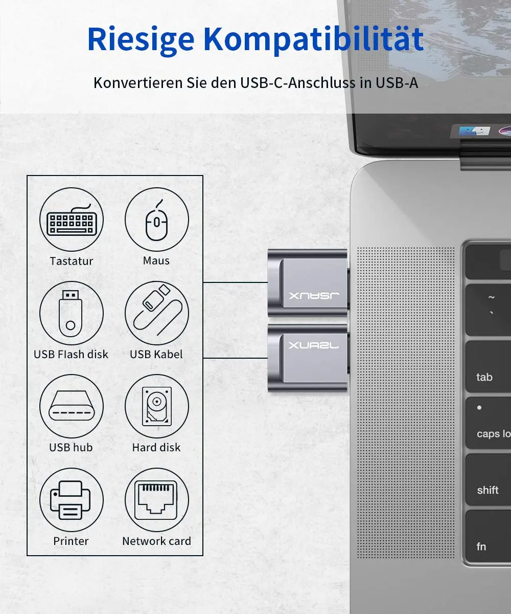 Two grey JSAUX USB-C to USB 3.0 OTG adapters plugged side-by-side into a MacBook Pro, demonstrating the offset design that allows simultaneous use with fast 5Gbps data transfer.