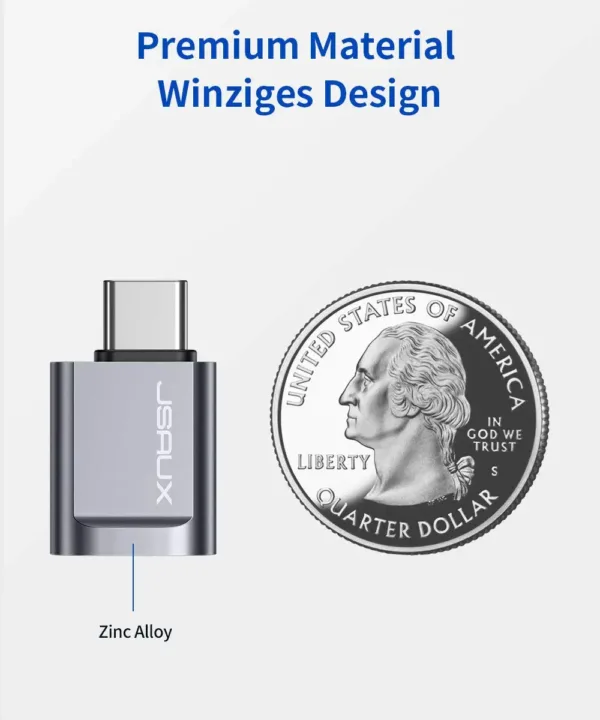 Two grey JSAUX USB-C to USB 3.0 OTG adapters plugged side-by-side into a MacBook Pro, demonstrating the offset design that allows simultaneous use with fast 5Gbps data transfer.