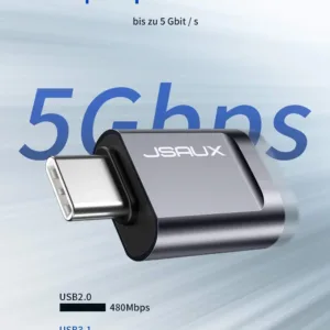 Two grey JSAUX USB-C to USB 3.0 OTG adapters plugged side-by-side into a MacBook Pro, demonstrating the offset design that allows simultaneous use with fast 5Gbps data transfer.