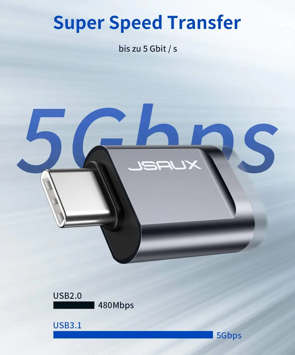 Two grey JSAUX USB-C to USB 3.0 OTG adapters plugged side-by-side into a MacBook Pro, demonstrating the offset design that allows simultaneous use with fast 5Gbps data transfer.