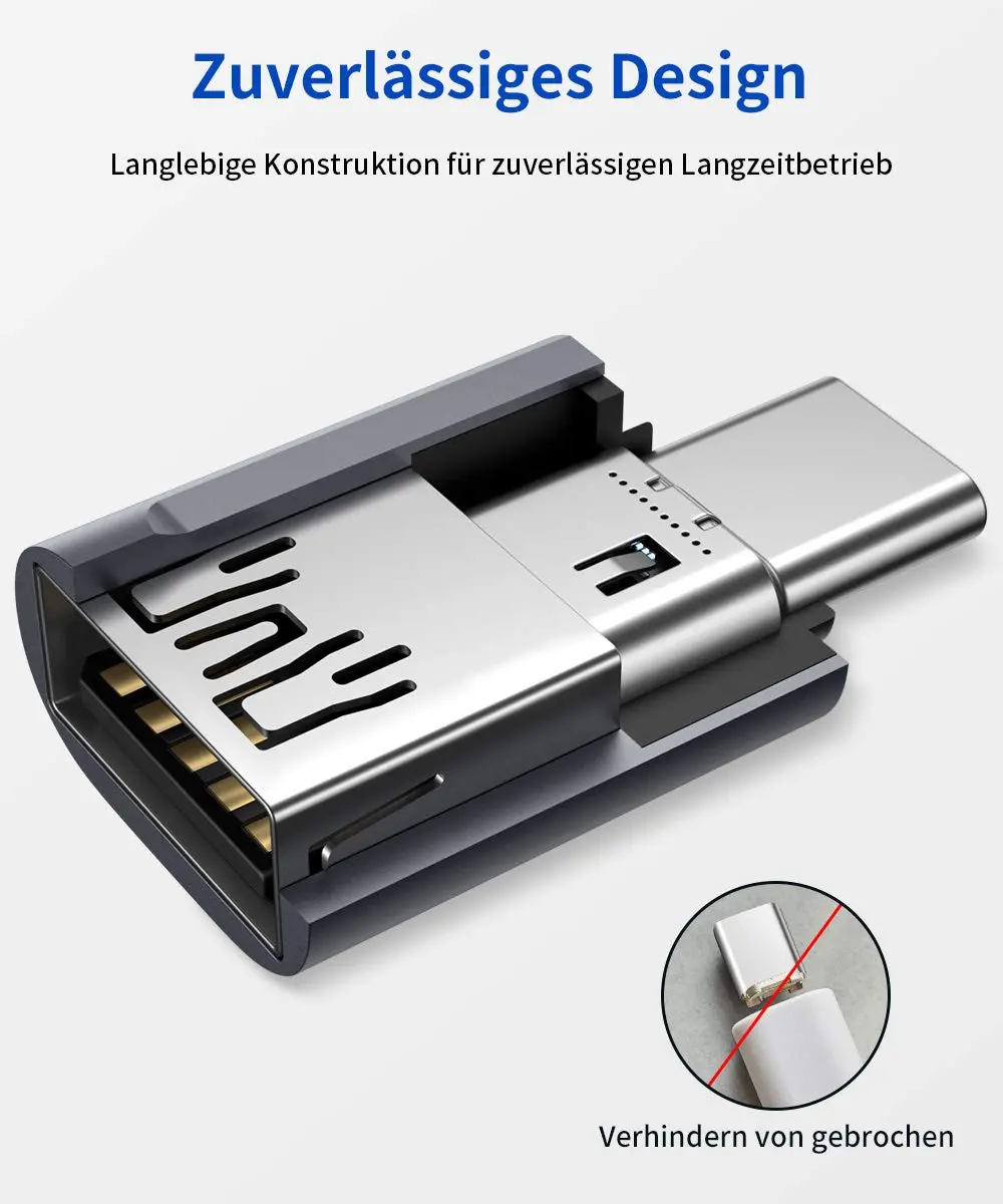 Two grey JSAUX USB-C to USB 3.0 OTG adapters plugged side-by-side into a MacBook Pro, demonstrating the offset design that allows simultaneous use with fast 5Gbps data transfer.
