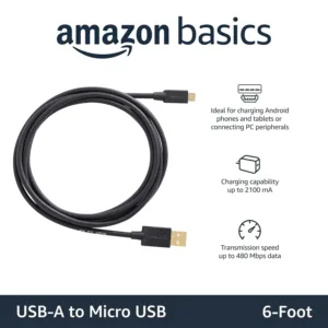 This is a two-pack of six-foot long black USB 2.0 A-Male to Micro B charger cables, designed for charging Android devices and connecting to PC peripherals.