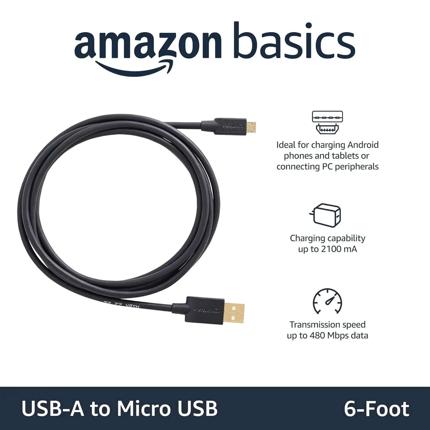This is a two-pack of six-foot long black USB 2.0 A-Male to Micro B charger cables, designed for charging Android devices and connecting to PC peripherals.