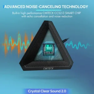 The CMTECK USB computer microphone is designed for clear audio capture during recording, streaming, and gaming, featuring a mute button with LED indicator for Windows and Mac.