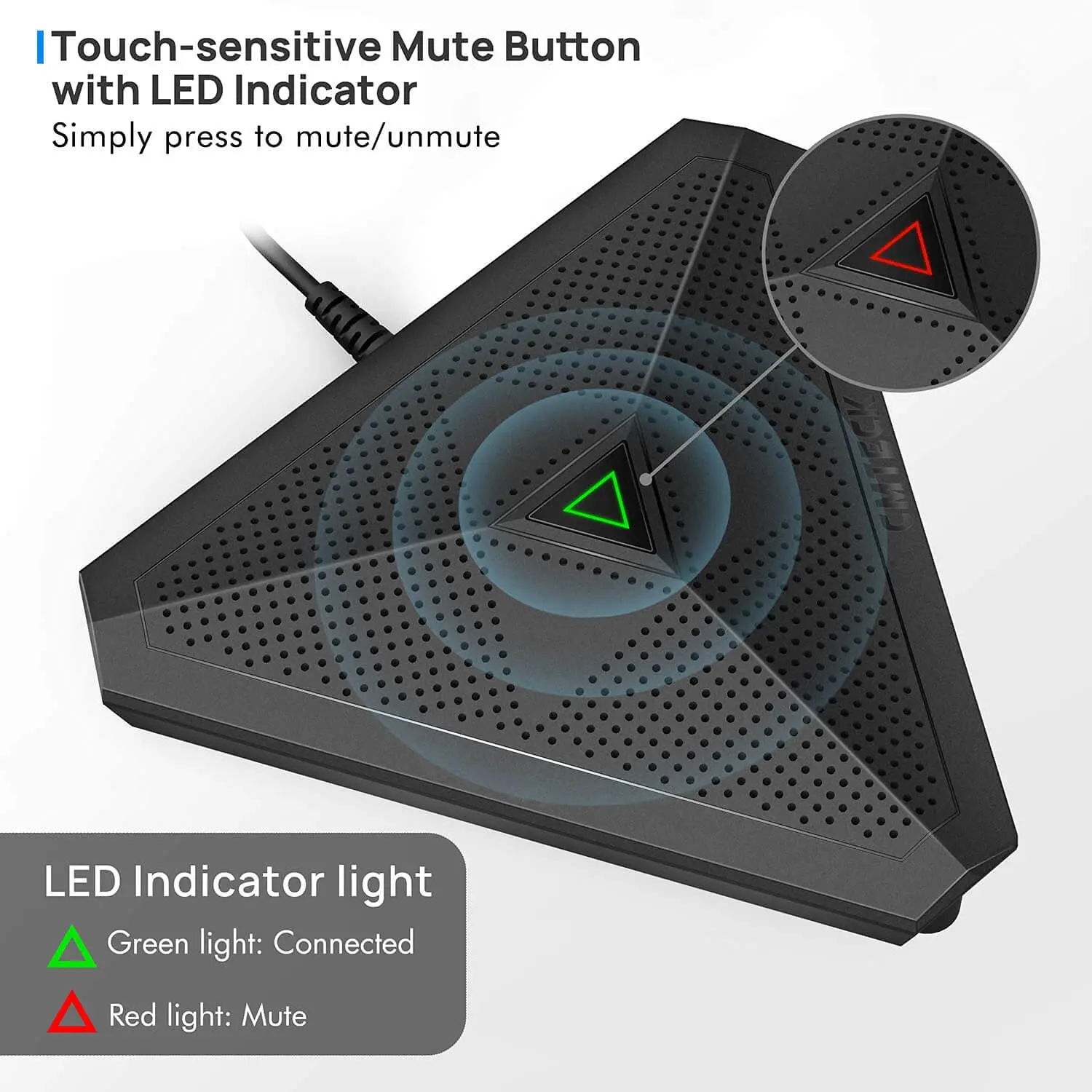The CMTECK USB computer microphone is designed for clear audio capture during recording, streaming, and gaming, featuring a mute button with LED indicator for Windows and Mac.