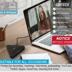 The CMTECK USB computer microphone is designed for clear audio capture during recording, streaming, and gaming, featuring a mute button with LED indicator for Windows and Mac.