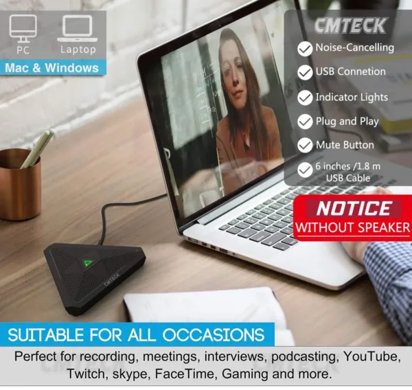 The CMTECK USB computer microphone is designed for clear audio capture during recording, streaming, and gaming, featuring a mute button with LED indicator for Windows and Mac.