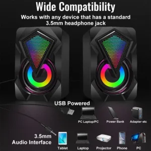 NJSJ computer speakers provide enhanced clear stereo sound with dynamic RGB lighting effects for PC, computer, laptop, tablet and smartphones with easy plug and play setup.