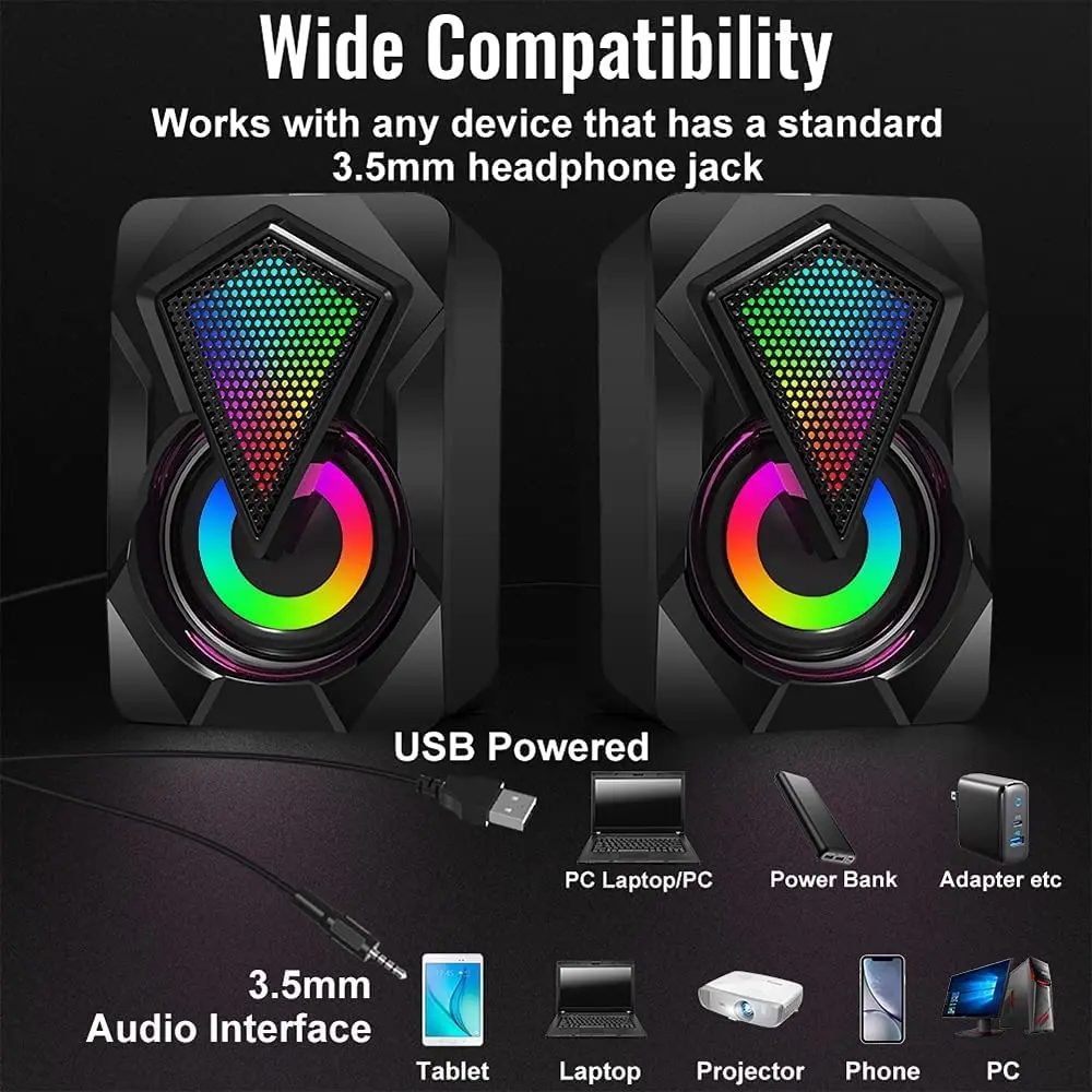 NJSJ computer speakers provide enhanced clear stereo sound with dynamic RGB lighting effects for PC, computer, laptop, tablet and smartphones with easy plug and play setup.