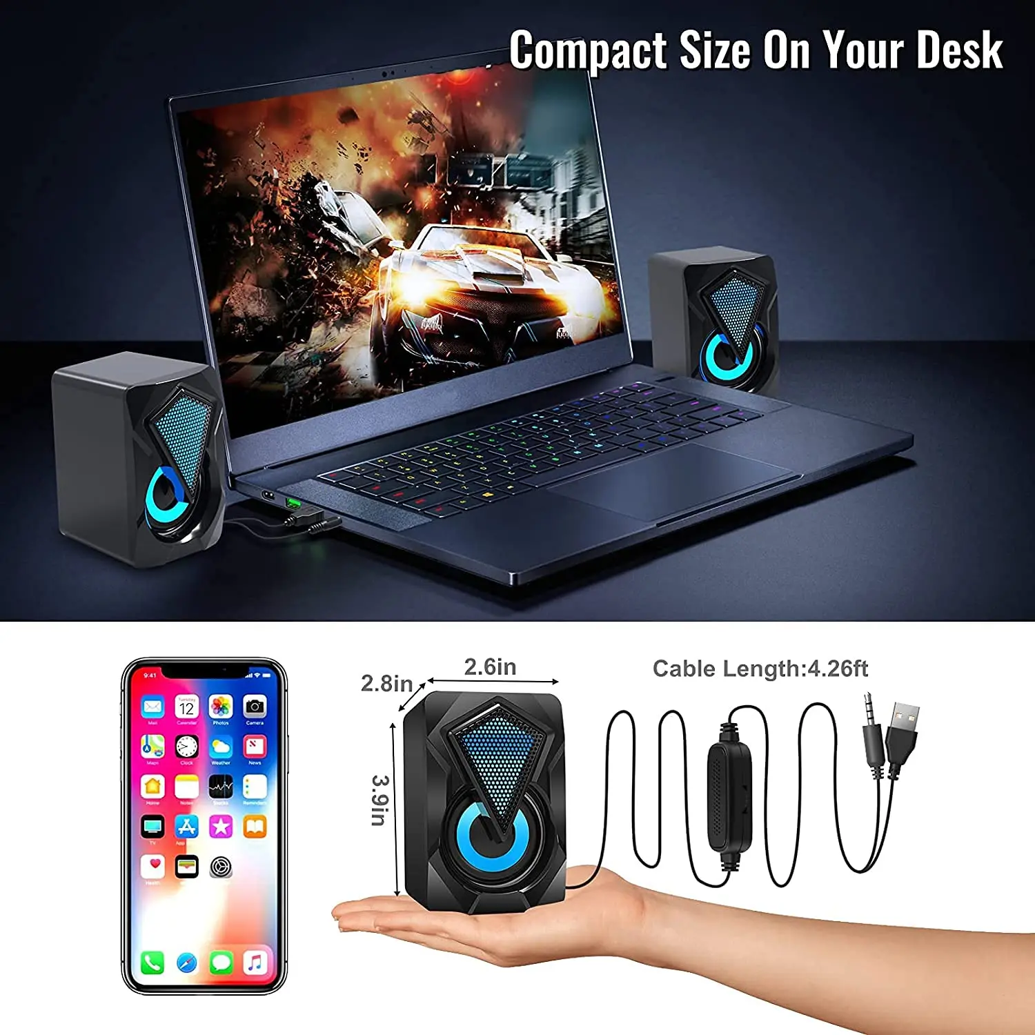 NJSJ computer speakers provide enhanced clear stereo sound with dynamic RGB lighting effects for PC, computer, laptop, tablet and smartphones with easy plug and play setup.