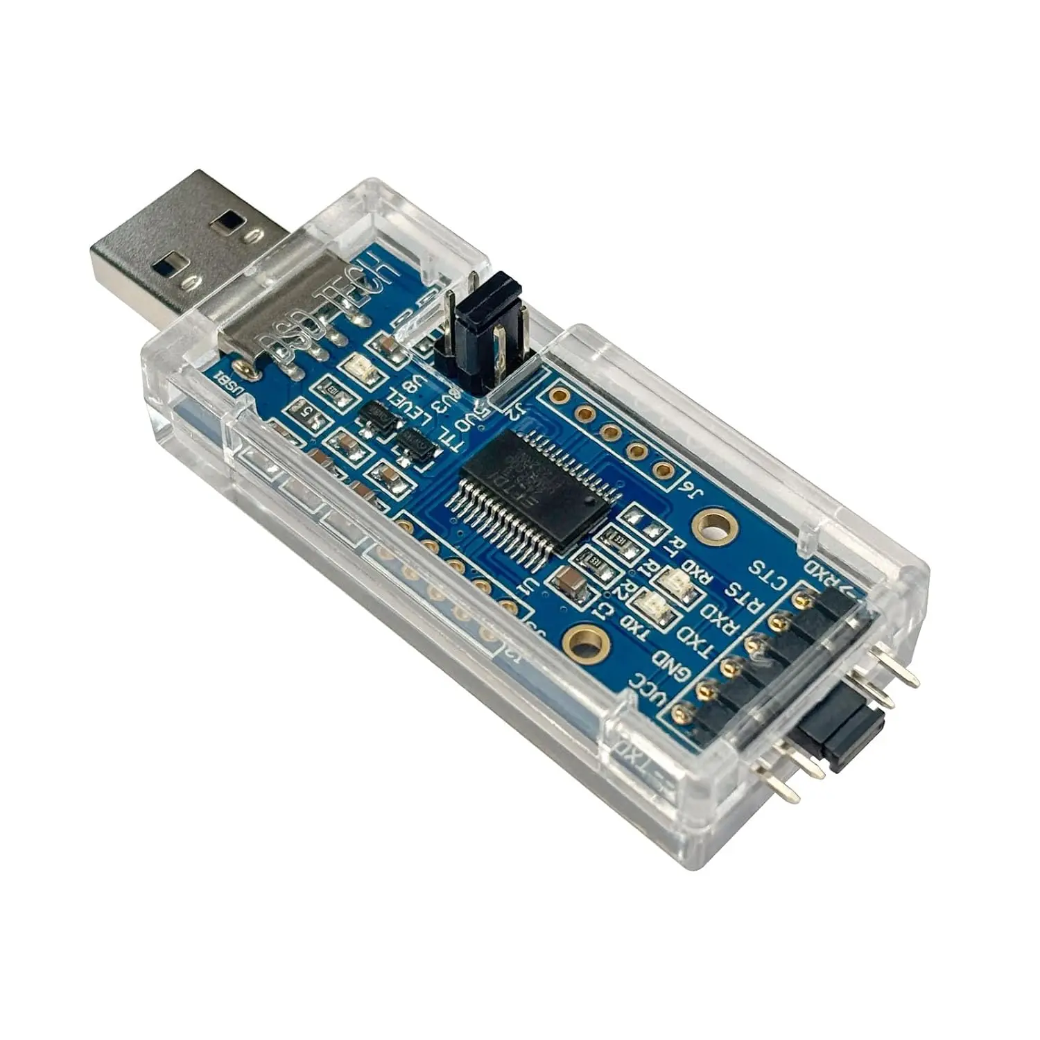 This DSD TECH SH-U09C2 USB to TTL adapter features a built-in FTDI FT232RL IC, supports 5V, 3.3V, and 1.8V logic TTL levels adjustable by jumper, and comes with a transparent protective case for preventing static interference and short circuits.
