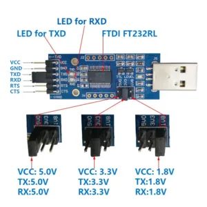 This DSD TECH SH-U09C2 USB to TTL adapter features a built-in FTDI FT232RL IC, supports 5V, 3.3V, and 1.8V logic TTL levels adjustable by jumper, and comes with a transparent protective case for preventing static interference and short circuits.