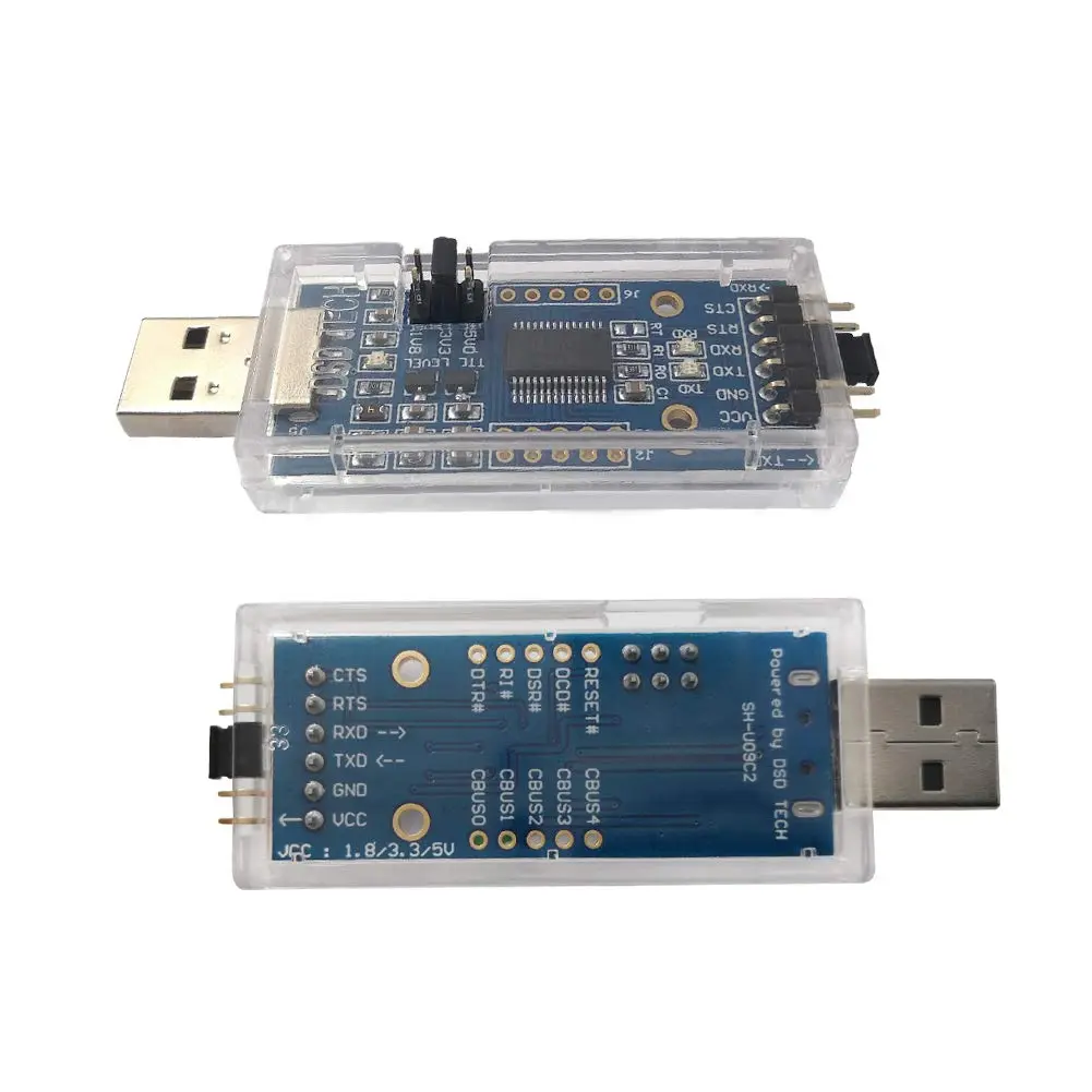 This DSD TECH SH-U09C2 USB to TTL adapter features a built-in FTDI FT232RL IC, supports 5V, 3.3V, and 1.8V logic TTL levels adjustable by jumper, and comes with a transparent protective case for preventing static interference and short circuits.