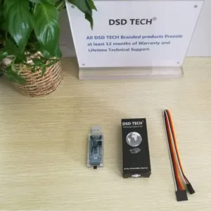 This DSD TECH SH-U09C2 USB to TTL adapter features a built-in FTDI FT232RL IC, supports 5V, 3.3V, and 1.8V logic TTL levels adjustable by jumper, and comes with a transparent protective case for preventing static interference and short circuits.