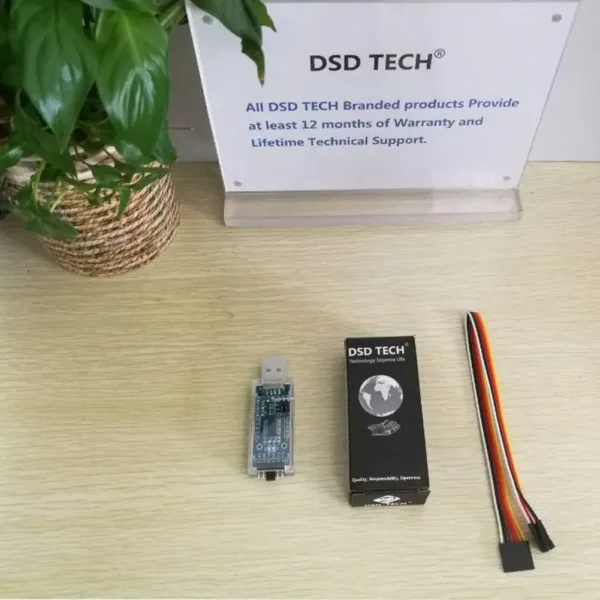 This DSD TECH SH-U09C2 USB to TTL adapter features a built-in FTDI FT232RL IC, supports 5V, 3.3V, and 1.8V logic TTL levels adjustable by jumper, and comes with a transparent protective case for preventing static interference and short circuits.