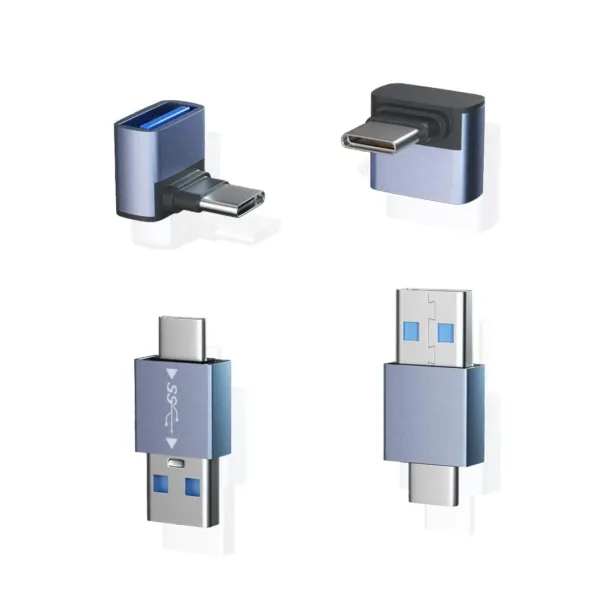 This four-pack of USB to USB-C adapters includes a 90-degree angled adapter for tight spaces and a standard adapter for connecting USB-A devices to USB-C ports on laptops, phones, and tablets, featuring fast data transfer and OTG support.