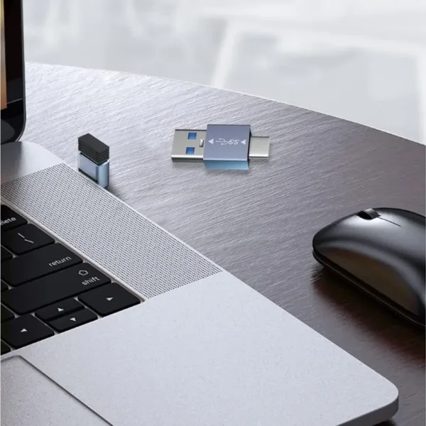 This four-pack of USB to USB-C adapters includes a 90-degree angled adapter for tight spaces and a standard adapter for connecting USB-A devices to USB-C ports on laptops, phones, and tablets, featuring fast data transfer and OTG support.