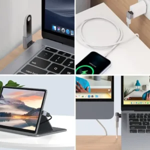 This four-pack of USB to USB-C adapters includes a 90-degree angled adapter for tight spaces and a standard adapter for connecting USB-A devices to USB-C ports on laptops, phones, and tablets, featuring fast data transfer and OTG support.