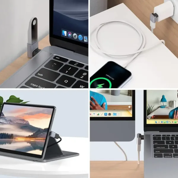 This four-pack of USB to USB-C adapters includes a 90-degree angled adapter for tight spaces and a standard adapter for connecting USB-A devices to USB-C ports on laptops, phones, and tablets, featuring fast data transfer and OTG support.