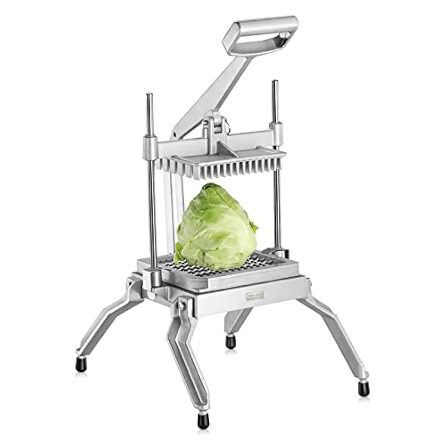 This extra heavy duty vegetable slicer and lettuce cutter features durable cast aluminum construction, stainless steel blades for 1/2" pieces, and non-slip rubber feet for stable food processing.