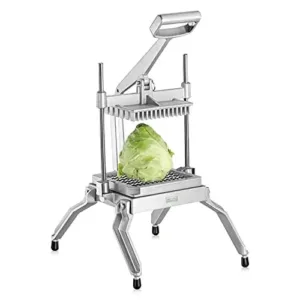 This extra heavy duty vegetable slicer and lettuce cutter features durable cast aluminum construction, stainless steel blades for 1/2" pieces, and non-slip rubber feet for stable food processing.