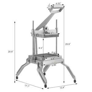 This extra heavy duty vegetable slicer and lettuce cutter features durable cast aluminum construction, stainless steel blades for 1/2" pieces, and non-slip rubber feet for stable food processing.