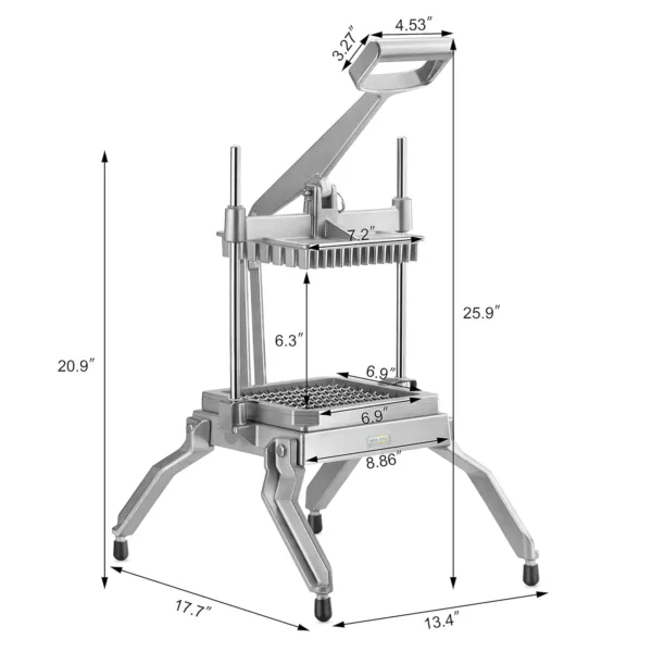 This extra heavy duty vegetable slicer and lettuce cutter features durable cast aluminum construction, stainless steel blades for 1/2" pieces, and non-slip rubber feet for stable food processing.
