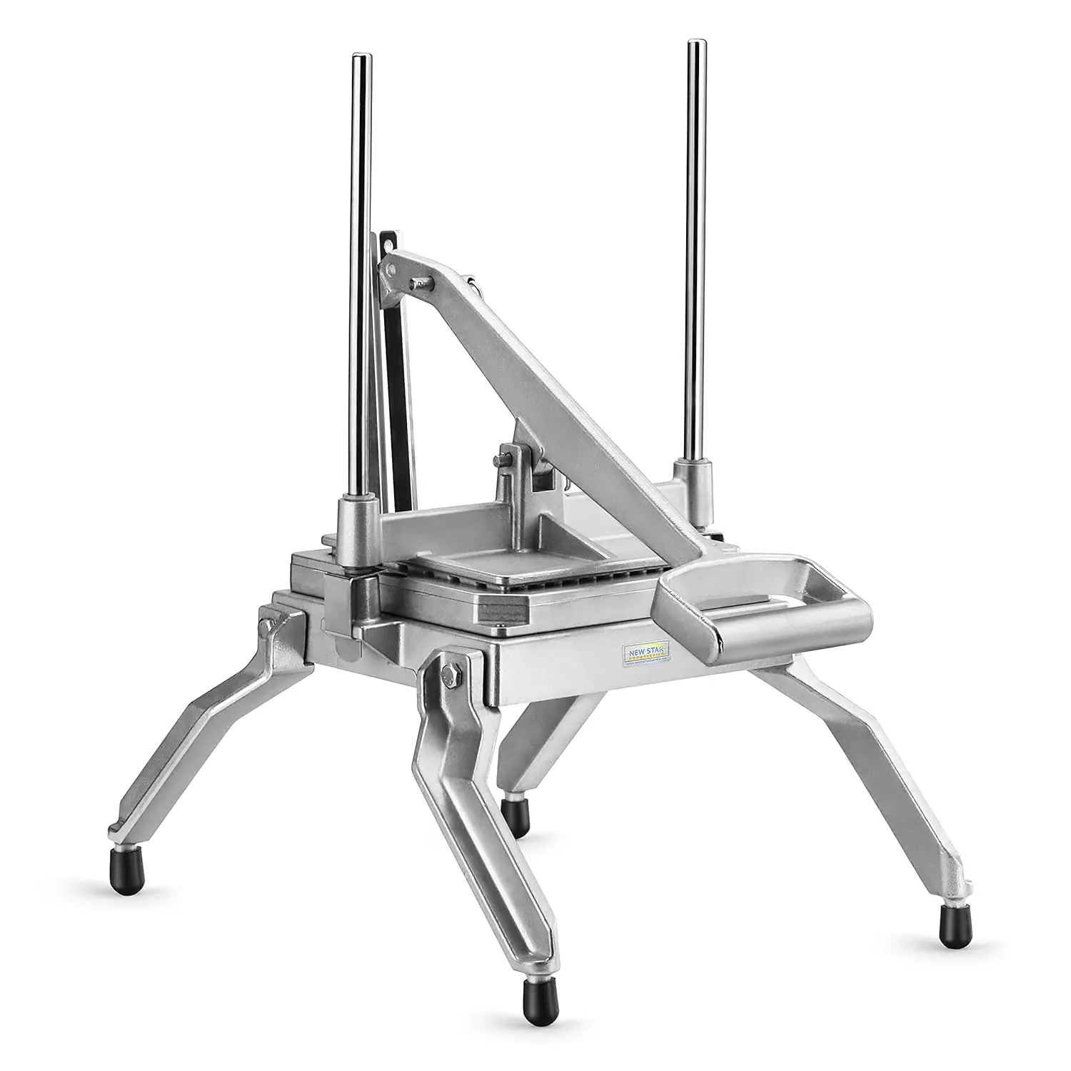 This extra heavy duty vegetable slicer and lettuce cutter features durable cast aluminum construction, stainless steel blades for 1/2" pieces, and non-slip rubber feet for stable food processing.