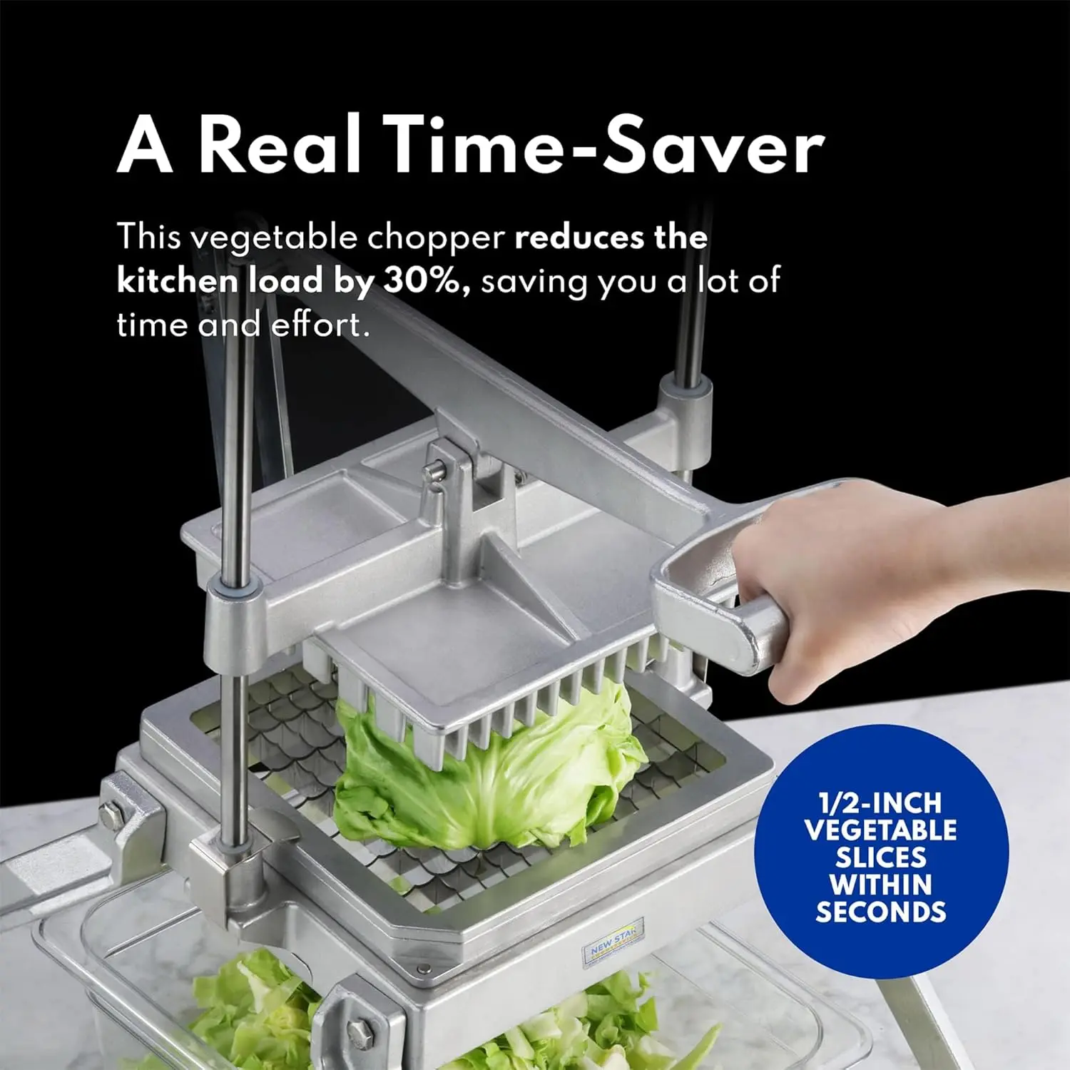 This extra heavy duty vegetable slicer and lettuce cutter features durable cast aluminum construction, stainless steel blades for 1/2" pieces, and non-slip rubber feet for stable food processing.