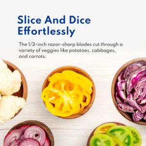 This extra heavy duty vegetable slicer and lettuce cutter features durable cast aluminum construction, stainless steel blades for 1/2" pieces, and non-slip rubber feet for stable food processing.