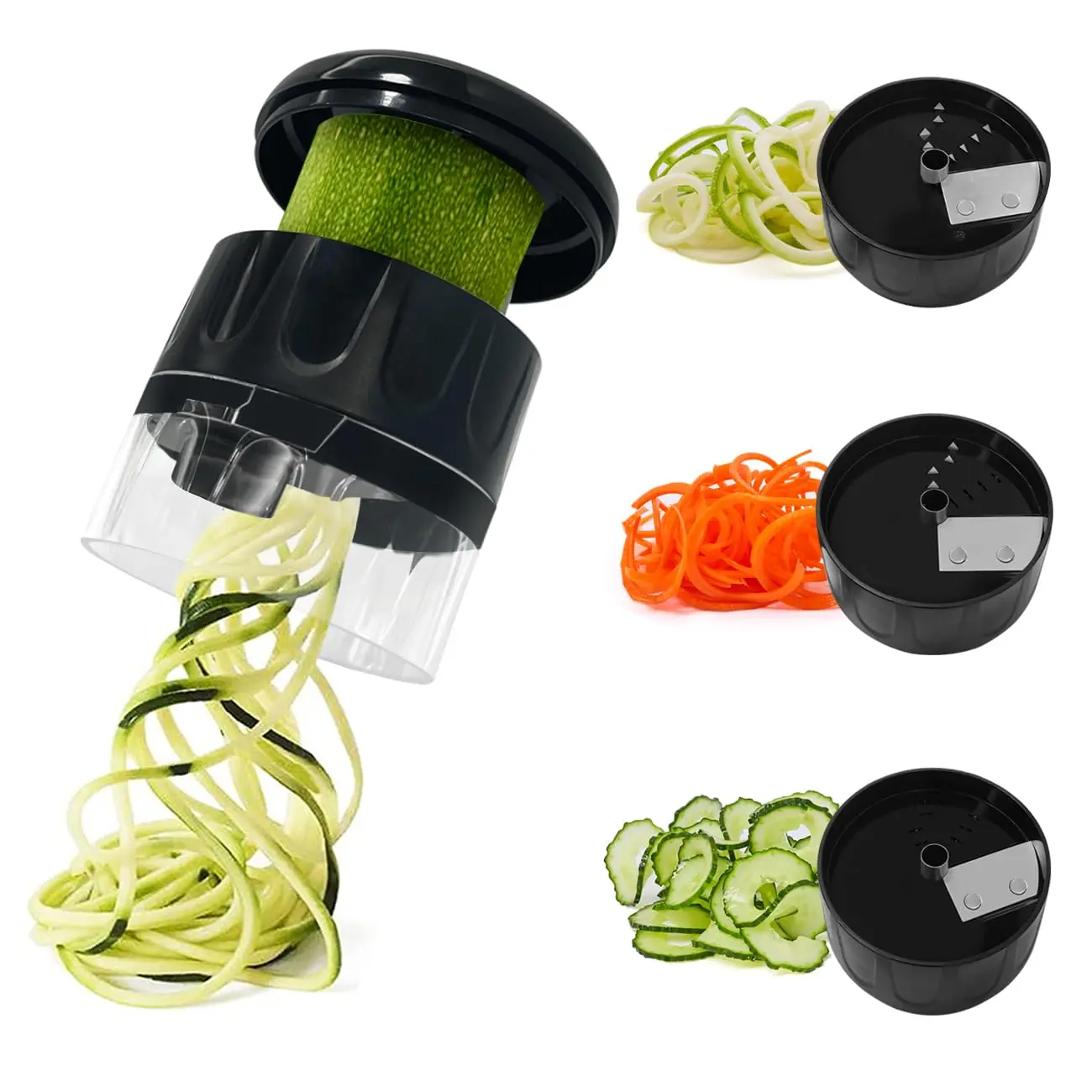 This compact 3-in-1 vegetable spiralizer with stainless steel blades easily creates zucchini noodles, carrot spirals, and cucumber ribbons for healthy low-carb meals, and features a non-slip grip for safe and efficient use.