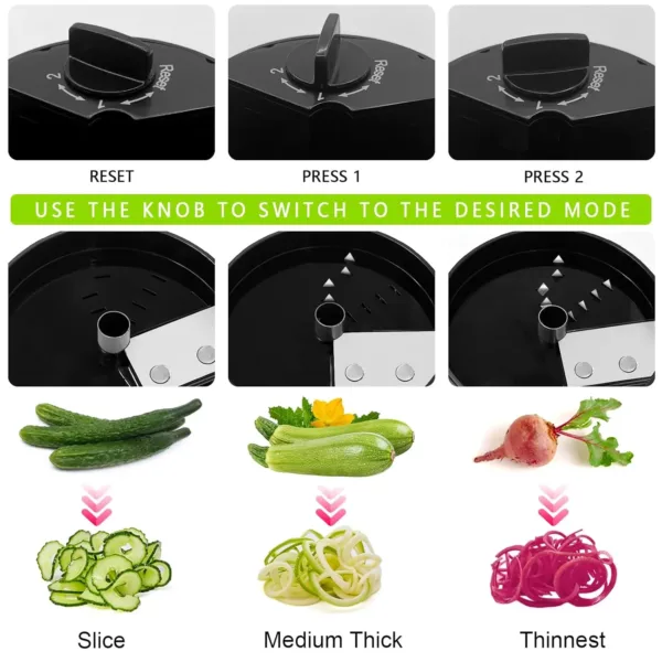 This compact 3-in-1 vegetable spiralizer with stainless steel blades easily creates zucchini noodles, carrot spirals, and cucumber ribbons for healthy low-carb meals, and features a non-slip grip for safe and efficient use.