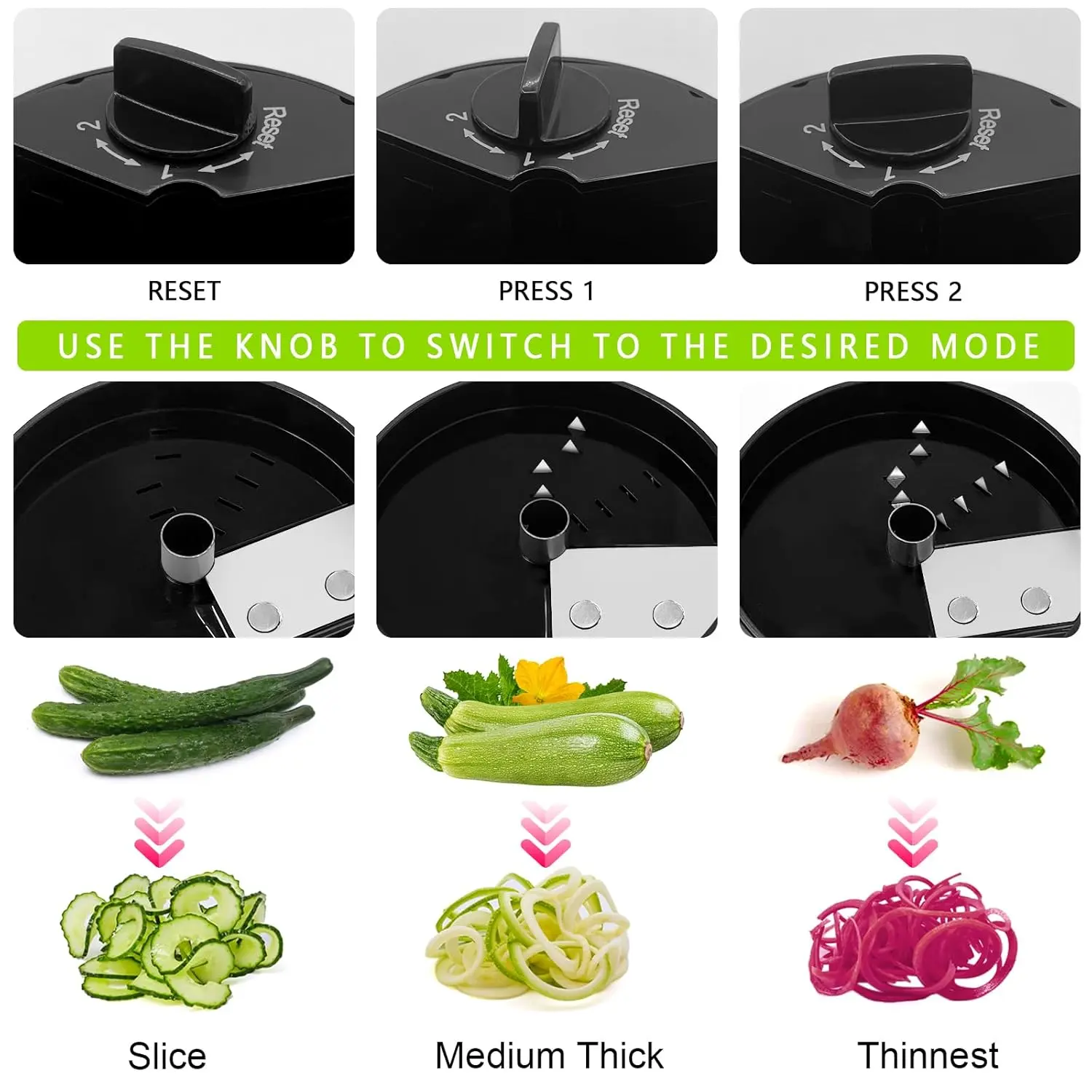 This compact 3-in-1 vegetable spiralizer with stainless steel blades easily creates zucchini noodles, carrot spirals, and cucumber ribbons for healthy low-carb meals, and features a non-slip grip for safe and efficient use.