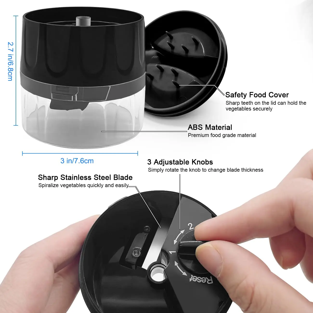 This compact 3-in-1 vegetable spiralizer with stainless steel blades easily creates zucchini noodles, carrot spirals, and cucumber ribbons for healthy low-carb meals, and features a non-slip grip for safe and efficient use.