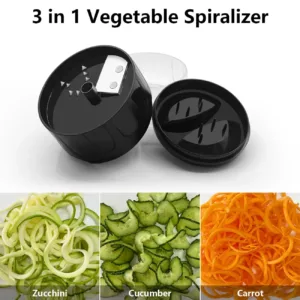 This compact 3-in-1 vegetable spiralizer with stainless steel blades easily creates zucchini noodles, carrot spirals, and cucumber ribbons for healthy low-carb meals, and features a non-slip grip for safe and efficient use.