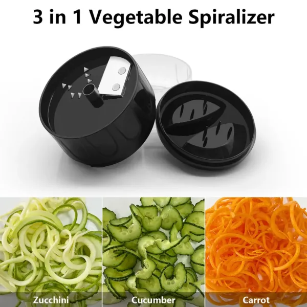 This compact 3-in-1 vegetable spiralizer with stainless steel blades easily creates zucchini noodles, carrot spirals, and cucumber ribbons for healthy low-carb meals, and features a non-slip grip for safe and efficient use.