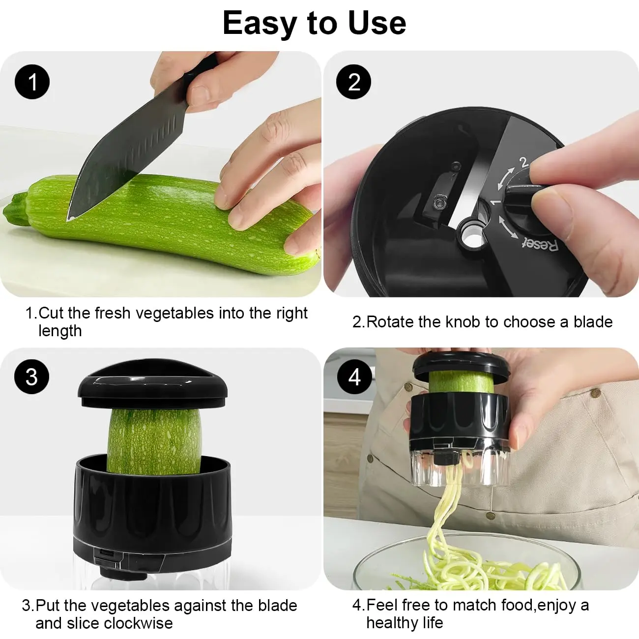 This compact 3-in-1 vegetable spiralizer with stainless steel blades easily creates zucchini noodles, carrot spirals, and cucumber ribbons for healthy low-carb meals, and features a non-slip grip for safe and efficient use.
