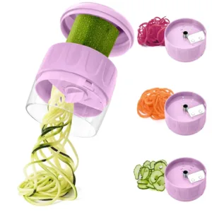 This compact 3-in-1 vegetable spiralizer with stainless steel blades easily creates zucchini noodles, carrot spirals, and cucumber ribbons for healthy low-carb meals, and features a non-slip grip for safe and efficient use.