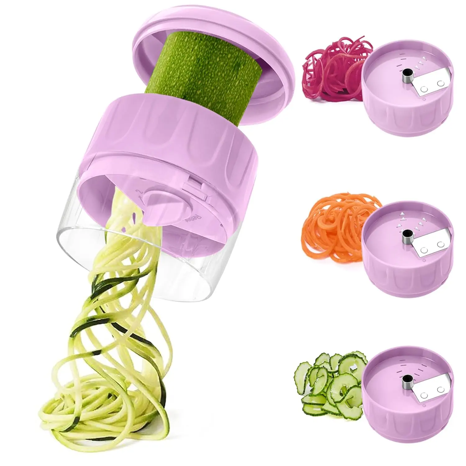 This compact 3-in-1 vegetable spiralizer with stainless steel blades easily creates zucchini noodles, carrot spirals, and cucumber ribbons for healthy low-carb meals, and features a non-slip grip for safe and efficient use.