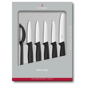 This six-piece Victorinox Swiss Classic Paring Knife Set includes a universal peeler, wavy and straight edge paring knives, and a tomato/table knife, all with high-carbon stainless steel blades.