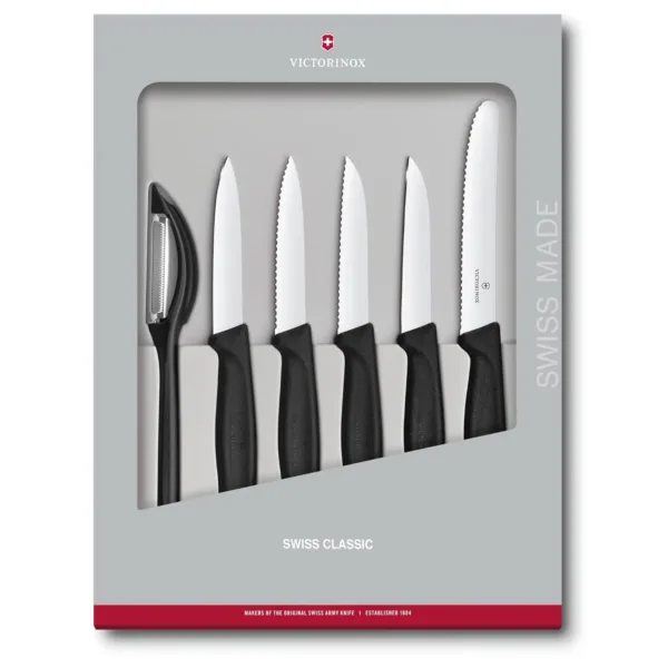 This six-piece Victorinox Swiss Classic Paring Knife Set includes a universal peeler, wavy and straight edge paring knives, and a tomato/table knife, all with high-carbon stainless steel blades.