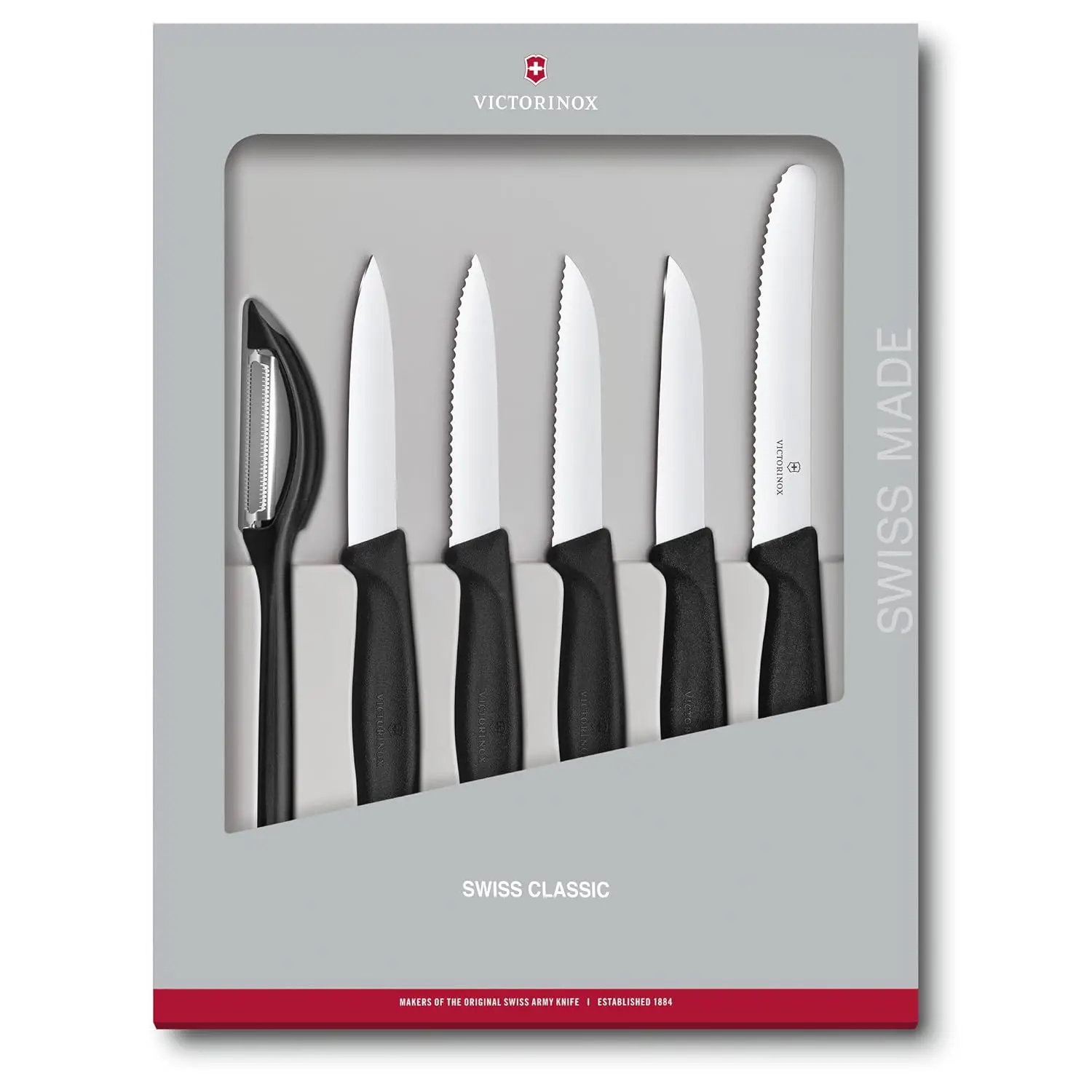 This six-piece Victorinox Swiss Classic Paring Knife Set includes a universal peeler, wavy and straight edge paring knives, and a tomato/table knife, all with high-carbon stainless steel blades.