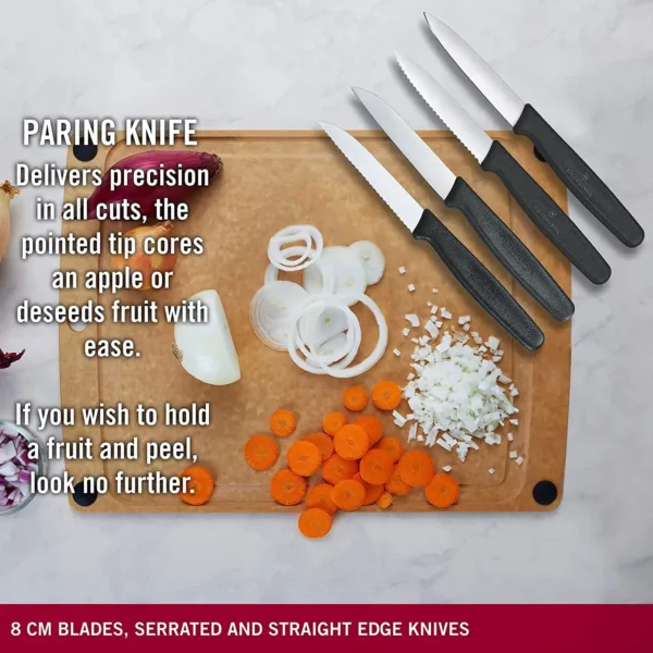 This six-piece Victorinox Swiss Classic Paring Knife Set includes a universal peeler, wavy and straight edge paring knives, and a tomato/table knife, all with high-carbon stainless steel blades.