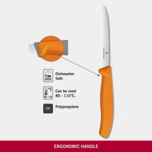A close-up shows a Victorinox Swiss Classic 3.9-inch paring knife with a serrated blade and orange handle, perfect for precision cutting of fruits and vegetables in the kitchen.