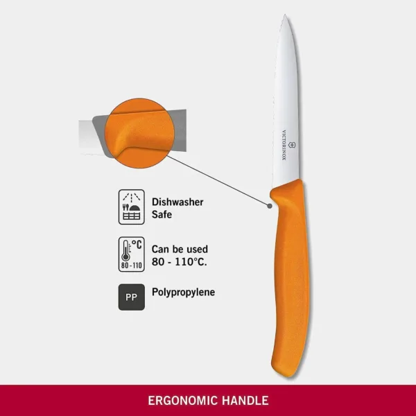 A close-up shows a Victorinox Swiss Classic 3.9-inch paring knife with a serrated blade and orange handle, perfect for precision cutting of fruits and vegetables in the kitchen.