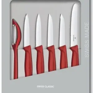 This six-piece Victorinox Swiss Classic Paring Knife Set includes a universal peeler, wavy and straight edge paring knives, and a tomato/table knife, all with high-carbon stainless steel blades.