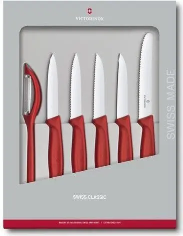 This six-piece Victorinox Swiss Classic Paring Knife Set includes a universal peeler, wavy and straight edge paring knives, and a tomato/table knife, all with high-carbon stainless steel blades.