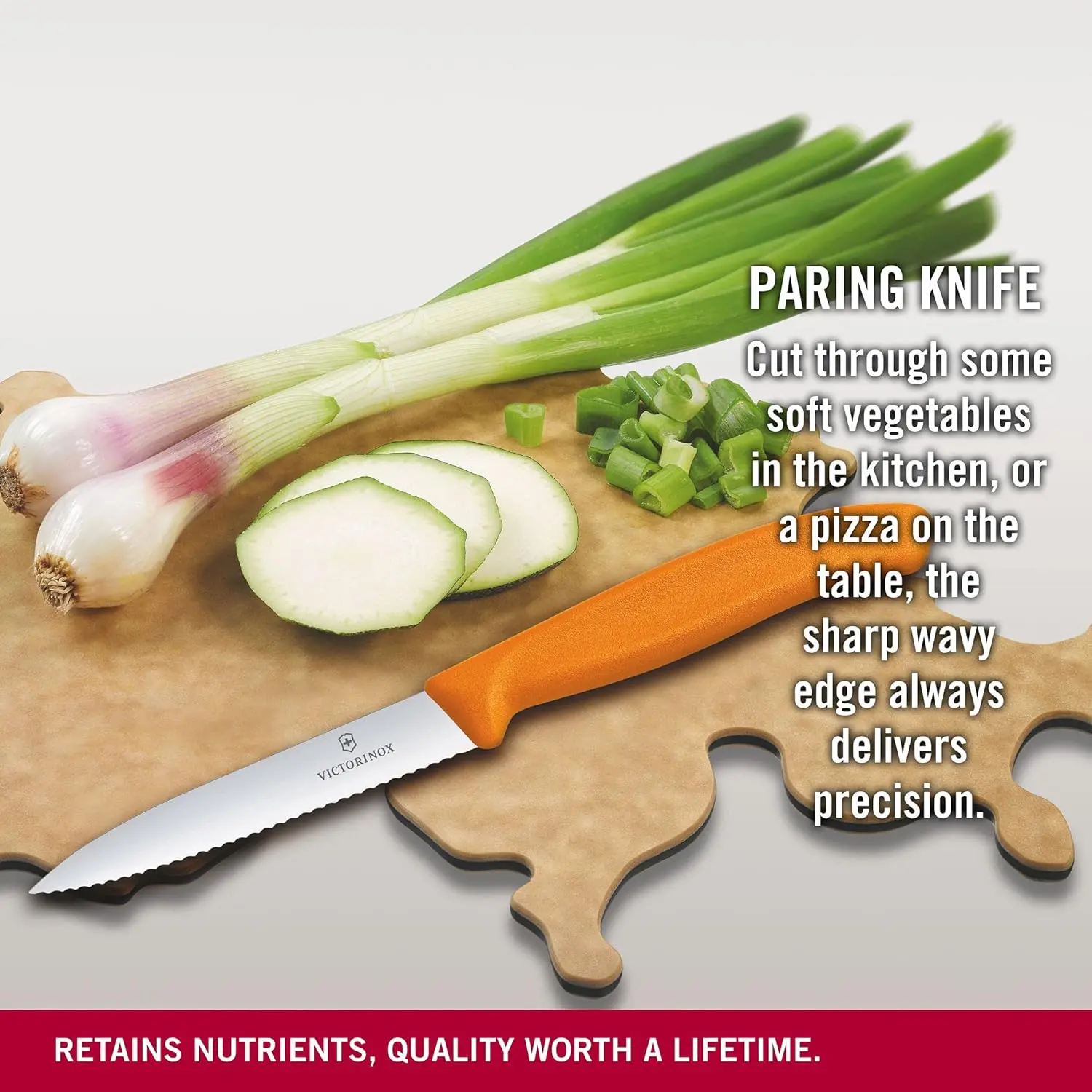 A close-up shows a Victorinox Swiss Classic 3.9-inch paring knife with a serrated blade and orange handle, perfect for precision cutting of fruits and vegetables in the kitchen.